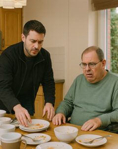 Betreutes Einzelwohnen: Mann hilft Klienten in der Küche